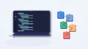 Custom WordPress development: code editor workspace with connected plugin puzzle-piece modules