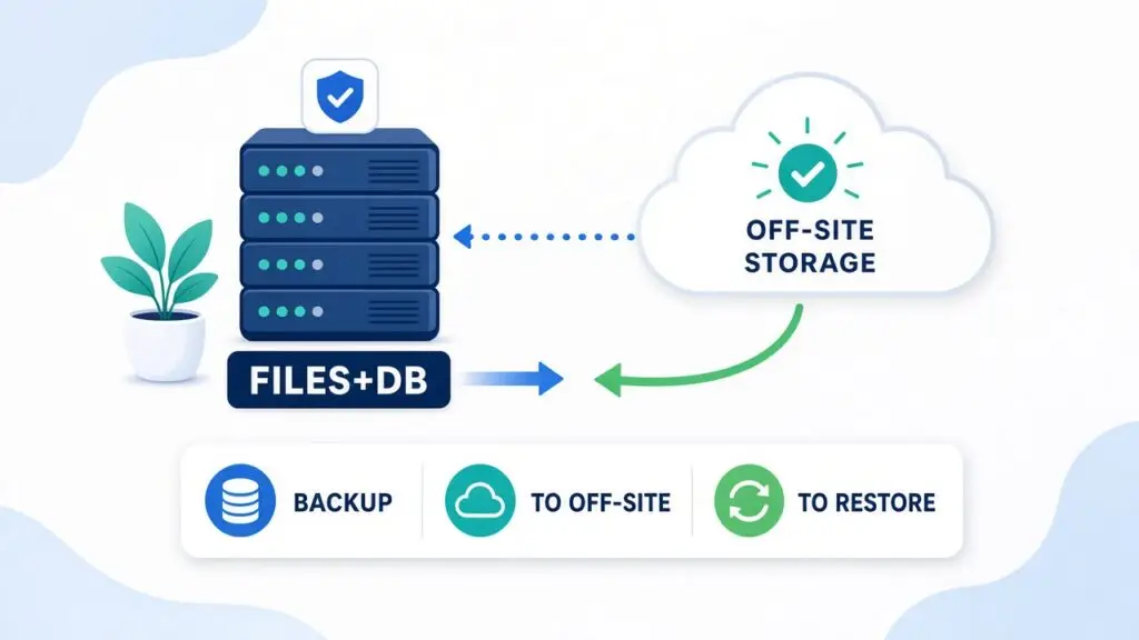 WordPress backups of site files and database copied to off-site storage, ready to restore