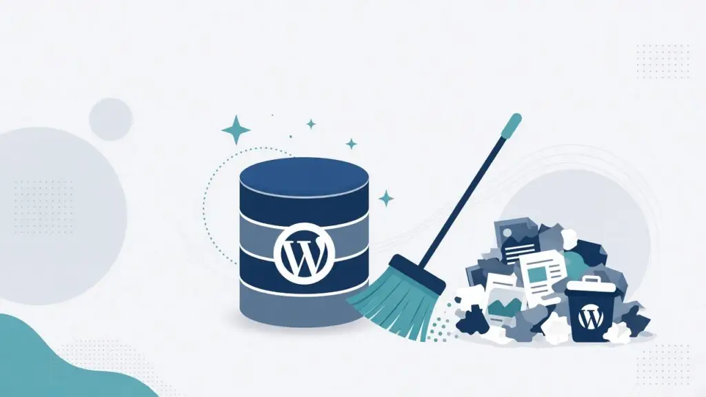 Database cylinder being cleaned with a broom next to discarded revision and spam clutter icons