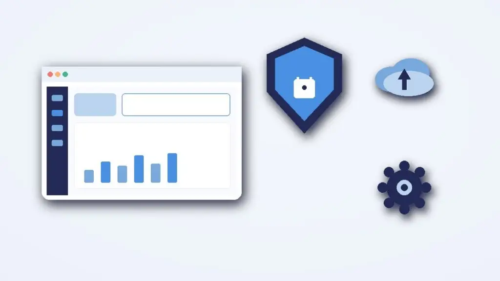 WordPress maintenance illustration: shield with lock over a dashboard, backup cloud and update gear
