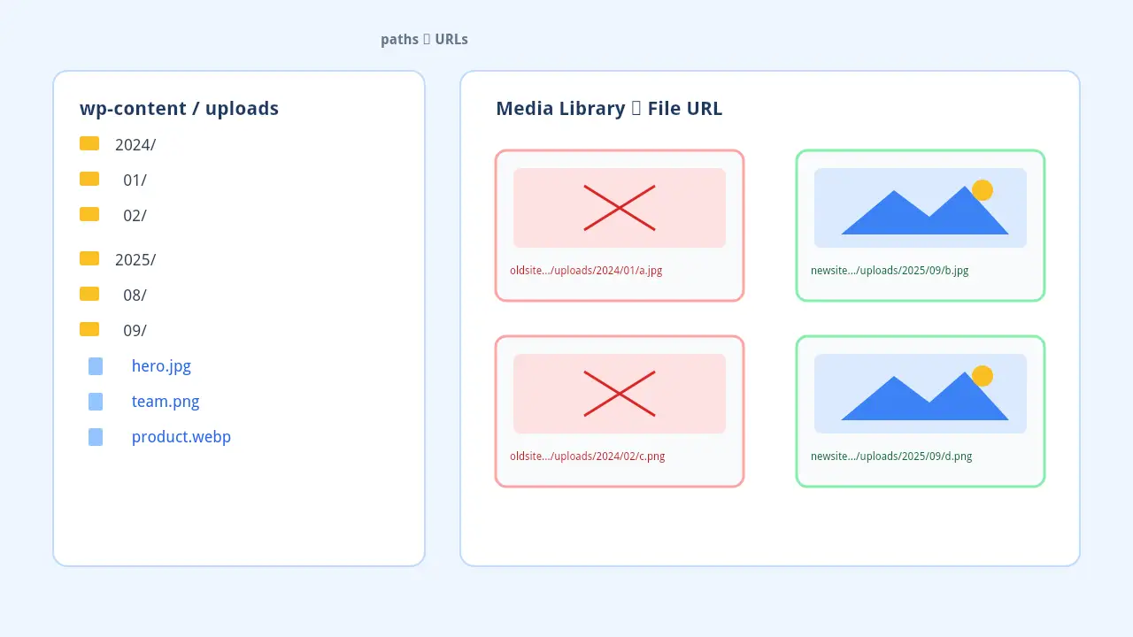 Abstract illustration of WordPress media library URLs and uploads folder paths