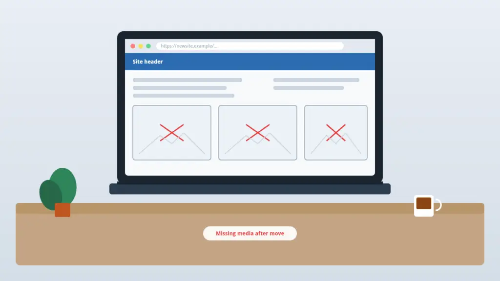 Laptop on a desk showing a website with missing-image placeholders after a WordPress migration
