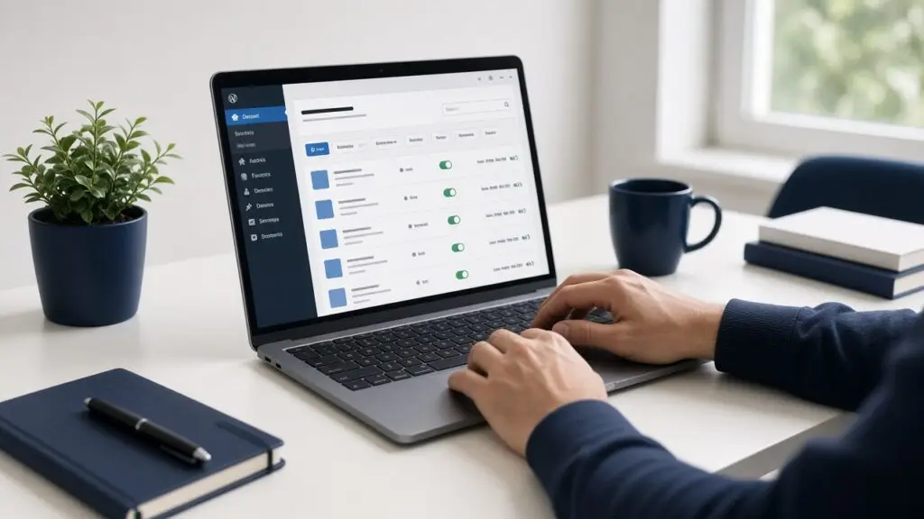 WordPress developer desk with laptop open to a plugin list while troubleshooting conflicts