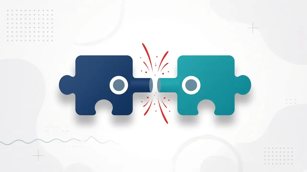 Abstract illustration of two plugin icons clashing during a wordpress plugin conflict