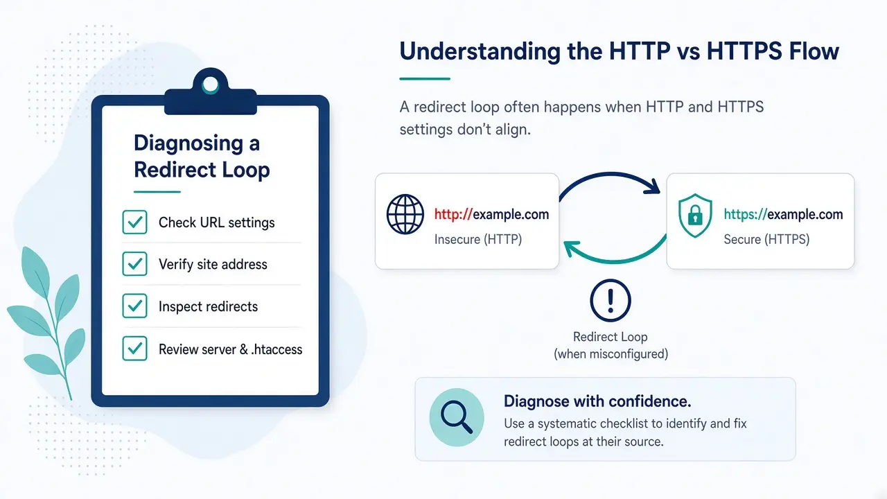 Checklist for confirming common causes of a WordPress redirect loop on HTTPS sites