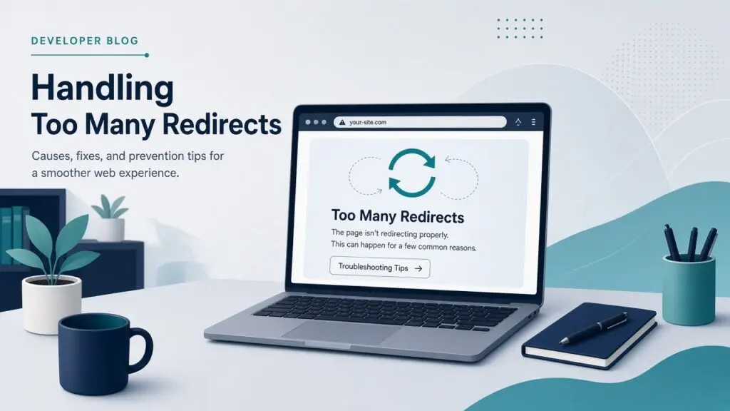 Browser window showing ERR_TOO_MANY_REDIRECTS after a site URL conflict