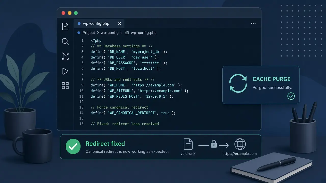 Illustration of wp-config URL defines and cache steps used to fix redirect loops
