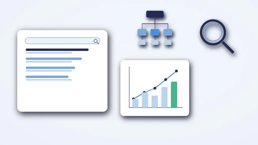 WordPress SEO illustration: abstract search results, magnifying glass, rising chart and page structure