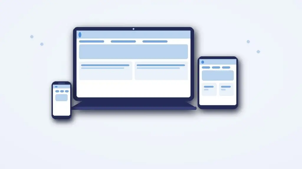 WordPress website design: responsive wireframes shown on laptop, tablet and phone in navy and soft blue
