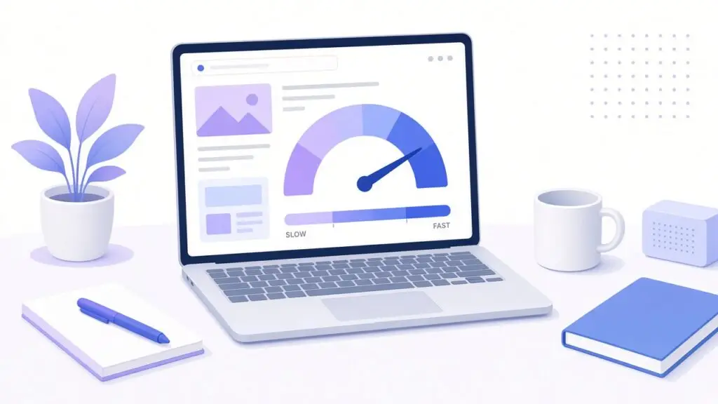 Laptop showing a website speed gauge from slow to fast