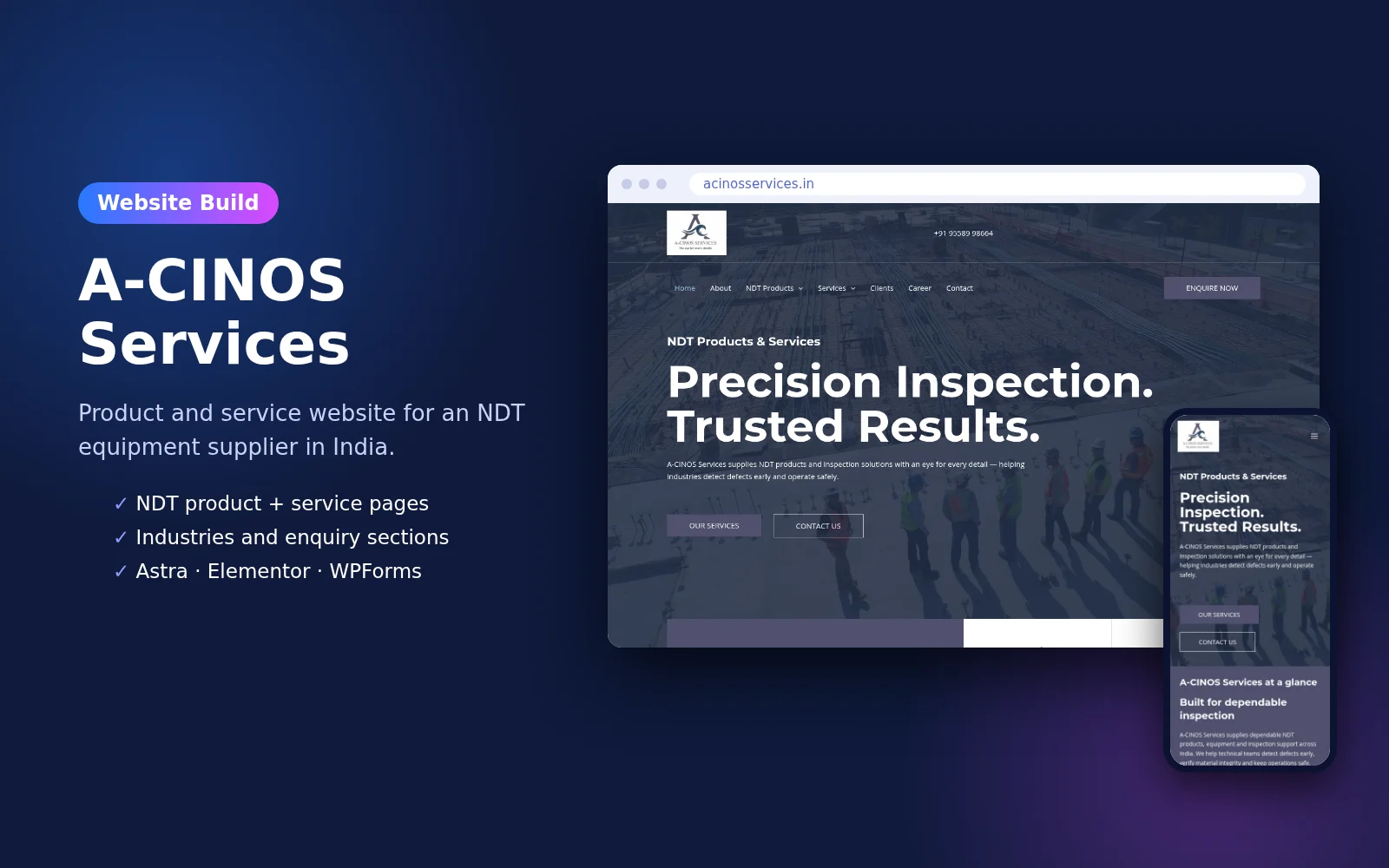NDT company website for A-CINOS Services on desktop and mobile