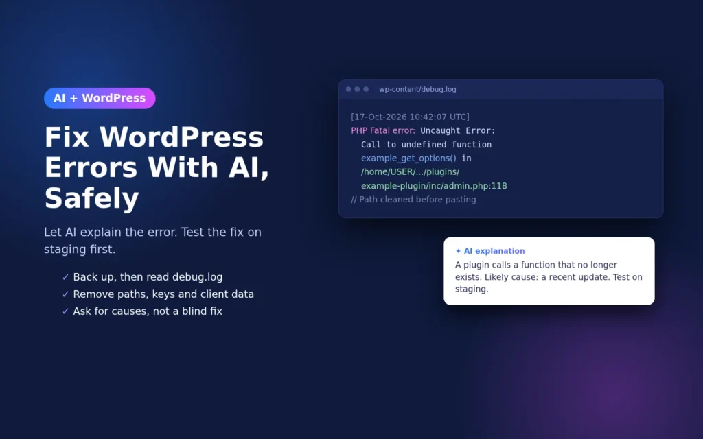 Fix WordPress errors with AI: a cleaned debug.log fatal error with an AI explanation