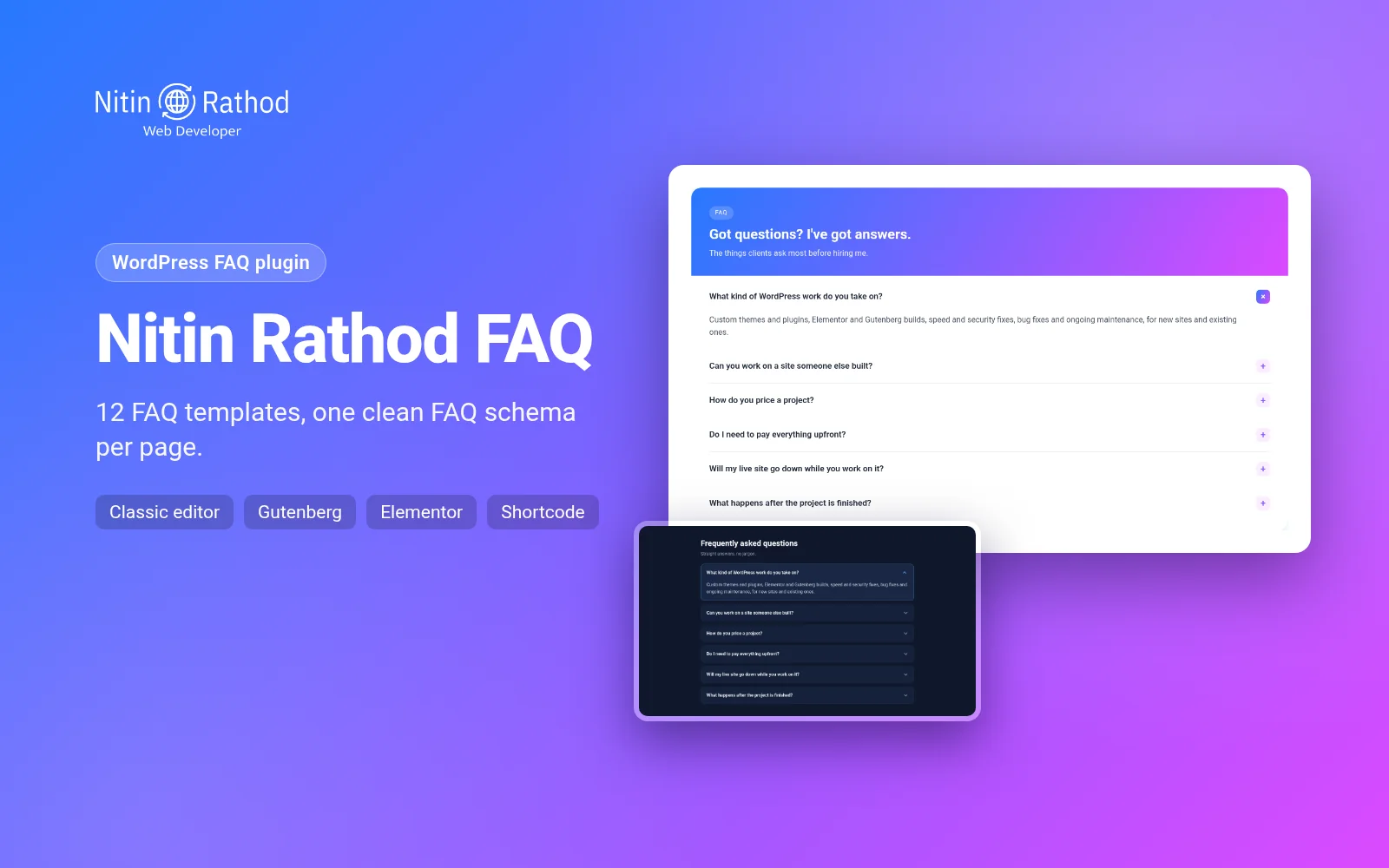 WordPress FAQ plugin Nitin Rathod FAQ with gradient and midnight templates