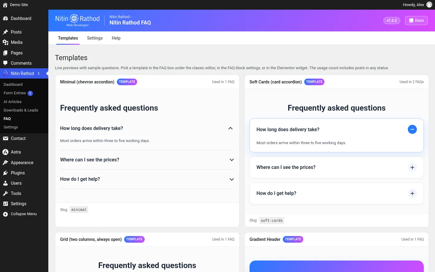 Nitin Rathod FAQ Templates tab in the WordPress admin with live template previews
