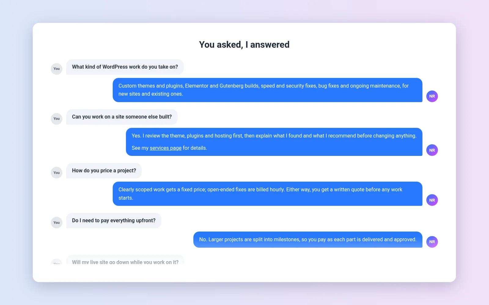 Chat bubbles FAQ template showing questions and answers as messages