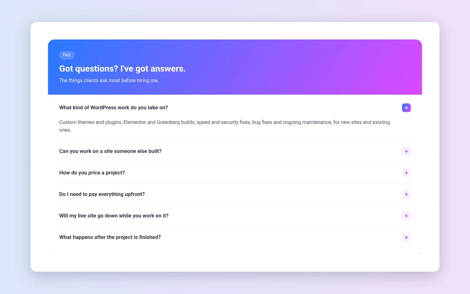 Gradient Header template from the Nitin Rathod FAQ WordPress FAQ plugin