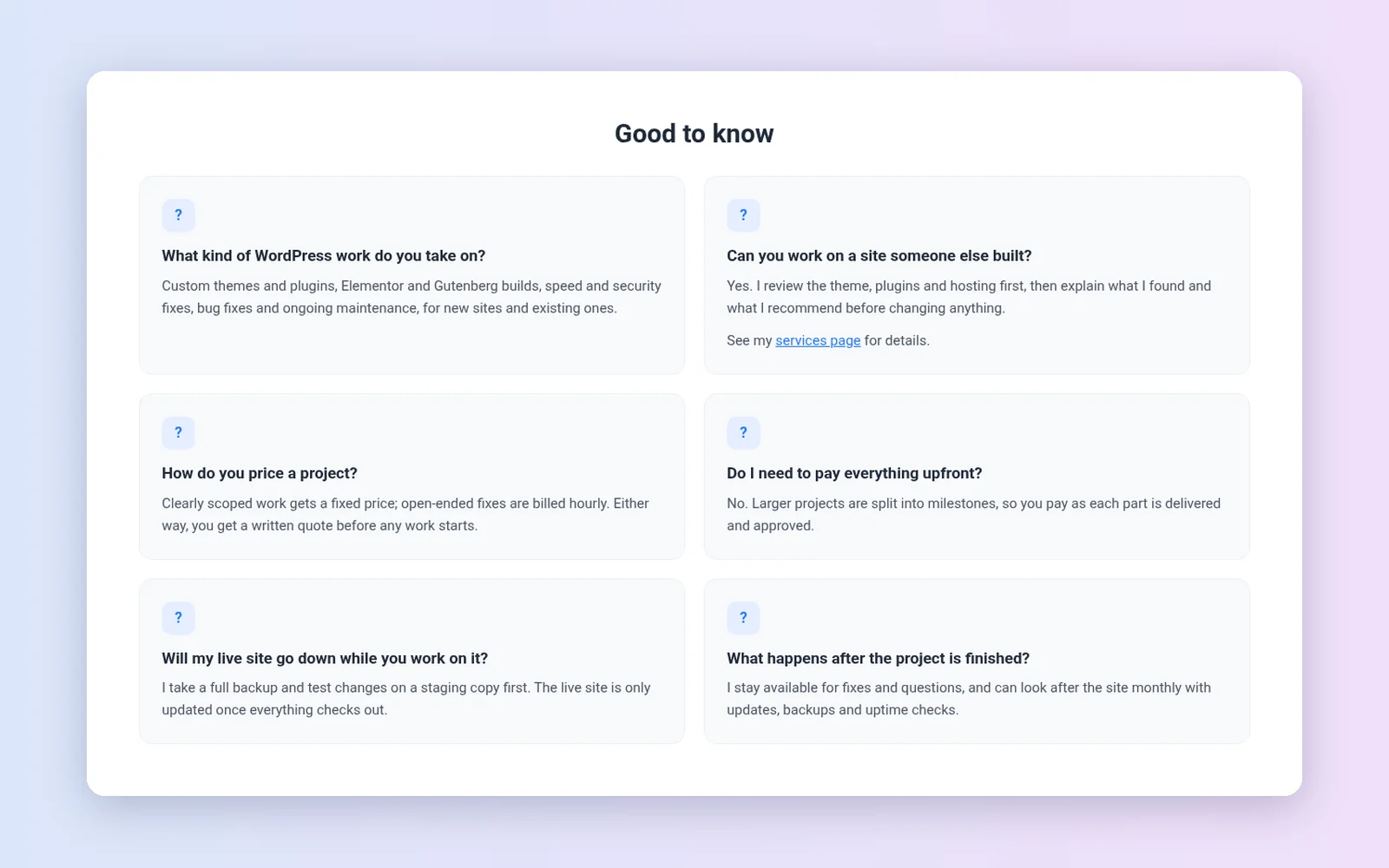 Grid FAQ template with two columns and every answer visible