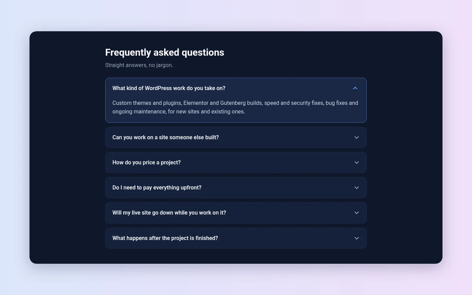 Midnight dark mode FAQ accordion template