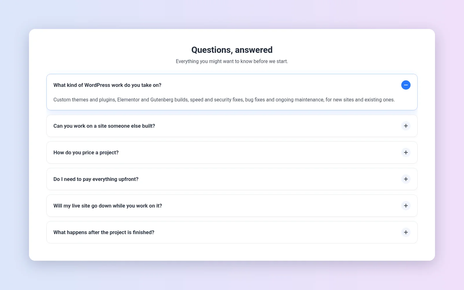 Soft Cards FAQ template with rounded cards and plus badges