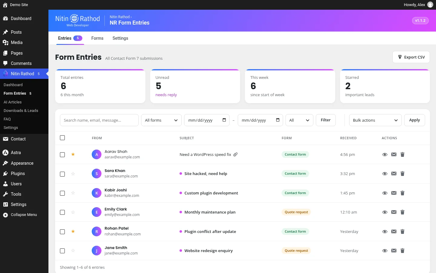 Contact Form 7 entries plugin Entries tab with search, filters and sample entries