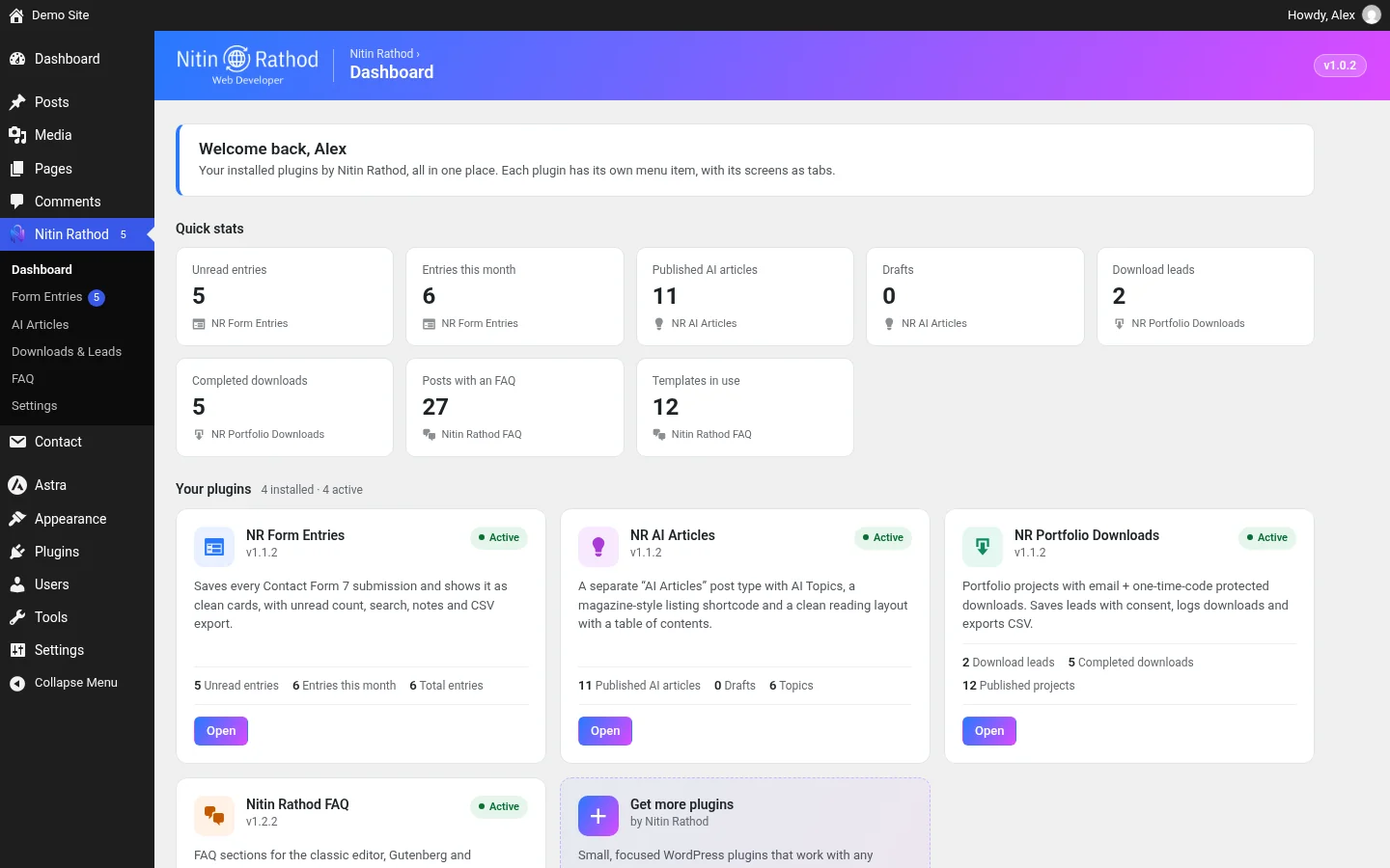 Nitin Rathod plugin hub dashboard with NR Form Entries stats