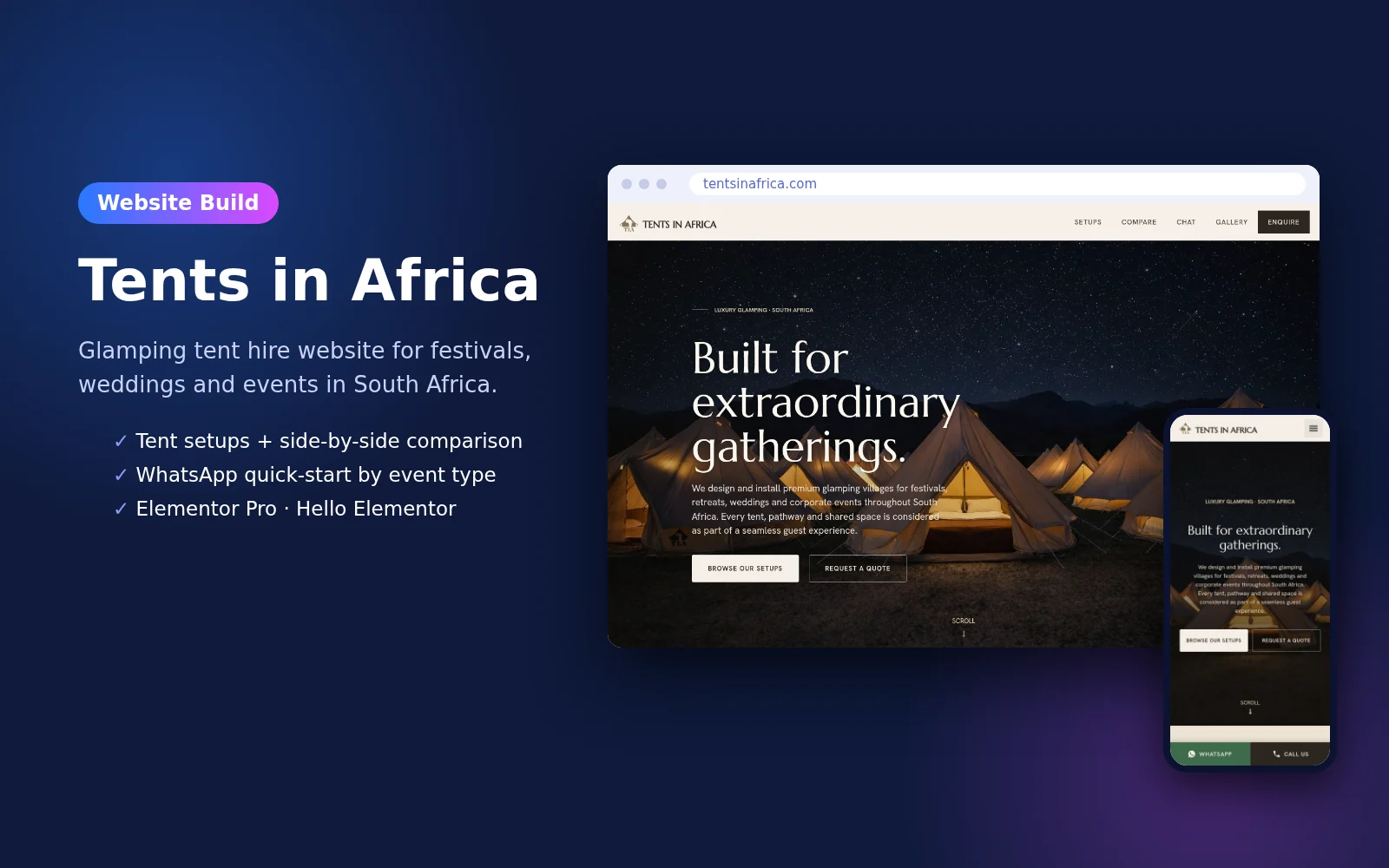 Glamping tent hire website for Tents in Africa on desktop and mobile