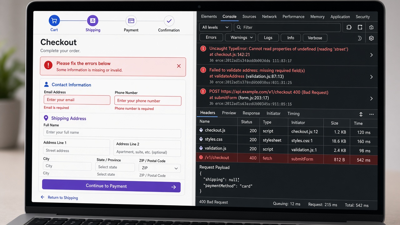 Laptop showing a woocommerce checkout not working error next to the browser console