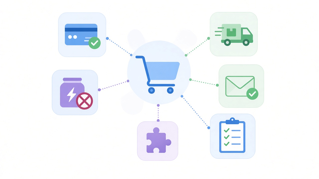 Illustration of payment, caching, plugin, shipping, email and test-order checks used to fix a WooCommerce checkout