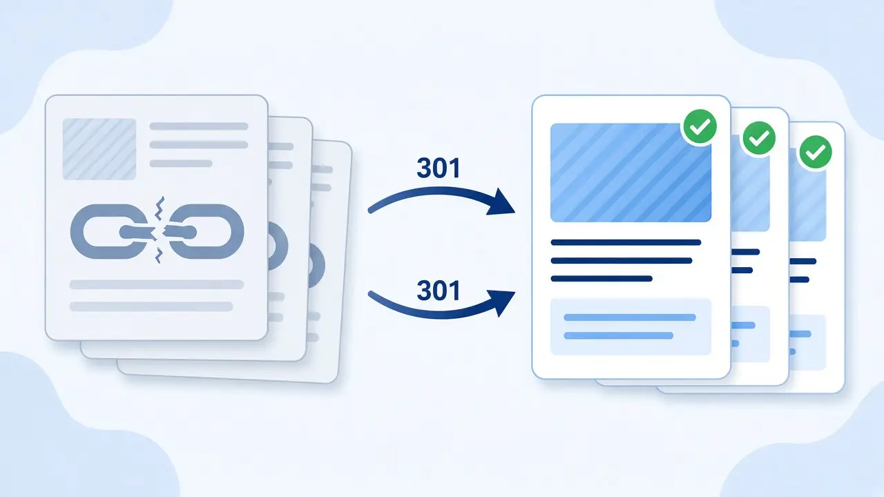 Diagram of old URLs being redirected with 301 rules to live WordPress pages