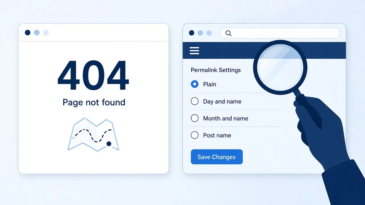 Browser showing a wordpress 404 error page next to the WordPress permalinks settings screen