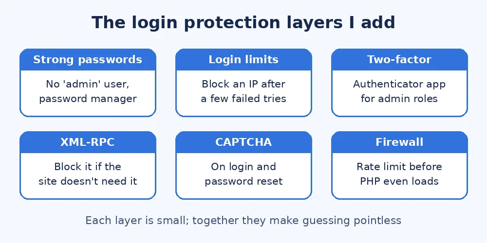 Layers of login protection: strong passwords, login limits, two-factor, XML-RPC block, CAPTCHA and firewall