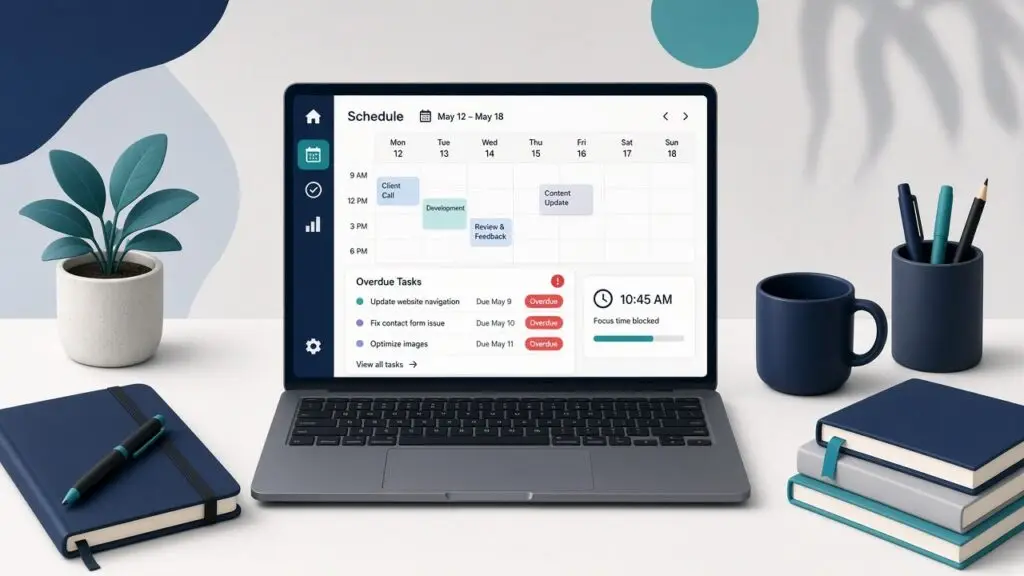 Laptop showing overdue scheduled tasks on a developer desk