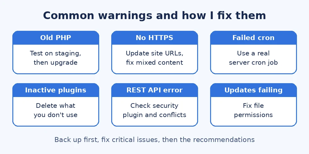 Common Site Health warnings and the fix for each one: PHP, HTTPS, cron, plugins, themes, REST API