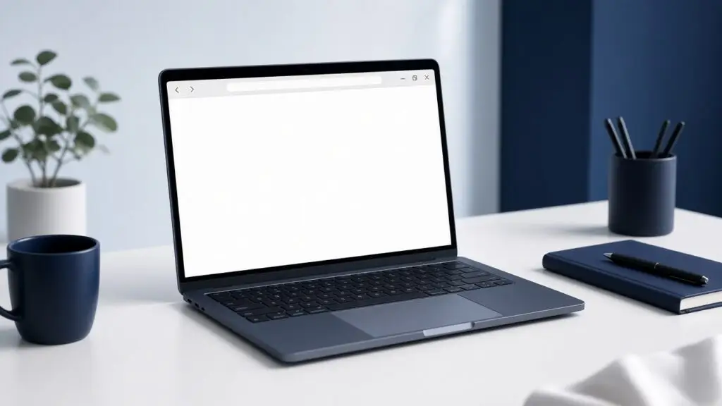 Laptop showing a blank white screen suggesting a crashed WordPress site.